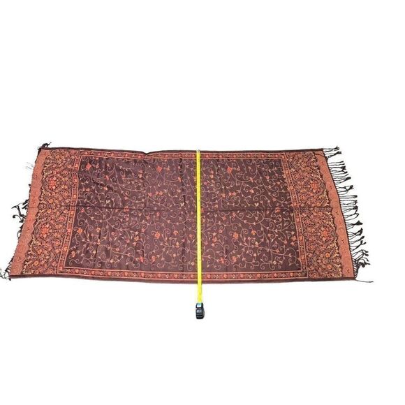 Pashmina Shawl Floral Vining Brown Orange Reversible Scarf Wrap 65X28” Fringe - Picture 4 of 6